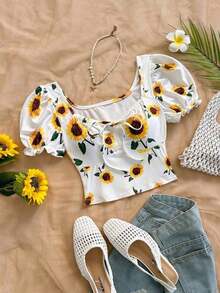 Estilo bohemio, floral romántico, estilo de vacaciones, blusas con estampado floral con temática del 4 de julio, blusas de vacaciones, blusas con cuentas, blusas de fiesta, blusas de tirantes, blusas cortas con temática del 4 de julio para mujeres, - Amarillo - Ver 7