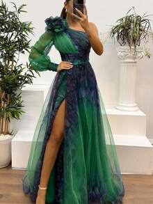 Vestido amplio de tul con diseño asimétrico para uso diario - Verde Oscuro - Ver 2