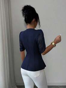 Blazer elegante y romántico para mujer con cuello en V, plisado y cintura ceñida - Azul marino - Ver 2