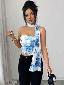 Top de camisola plisado con decoración de bufanda de malla elegante para mujeres - Azul - Ver 5