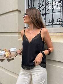 Camiseta de tirantes de mujer con estampado de encaje y parches, ideal para vacaciones de verano - Negro 2 - Ver 7
