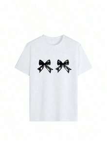 Limited Edition Women's Short-Sleeved, Round-Neck T-Shirt With Bow Print, Casual And Loose Fit, Versatile, For Everyday Wear In White. Lightweight Cotton. - 白色的 - 查看 7
