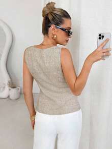 Blusa ajustada sin mangas de aspecto de lino color albaricoque, adecuada para el trayecto diario y el trabajo, atuendo de negocios de verano para mujeres, casual de negocios, para mujeres, verano, para mujeres de negocios, casual, para mujeres, t - Albaricoque - Ver 2