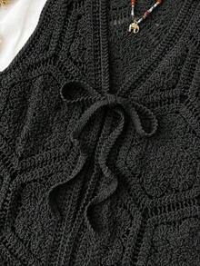 Cárdigan de mujer de ganchillo transparente y versátil con lazo - Negro - Ver 5
