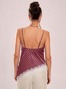 Camiseta de tirantes asimétrica con entramado de encaje transparente - Rojo - Ver 4