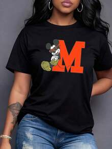 Figura de un ratón alegre con gafas rojas y una gran letra M en la espalda simbolizando energía positiva y diversión juvenil camiseta de mujer cómoda ideal para uso diario y ocasiones casuales,Camiseta de mujer elegante. - Negro - Ver 7