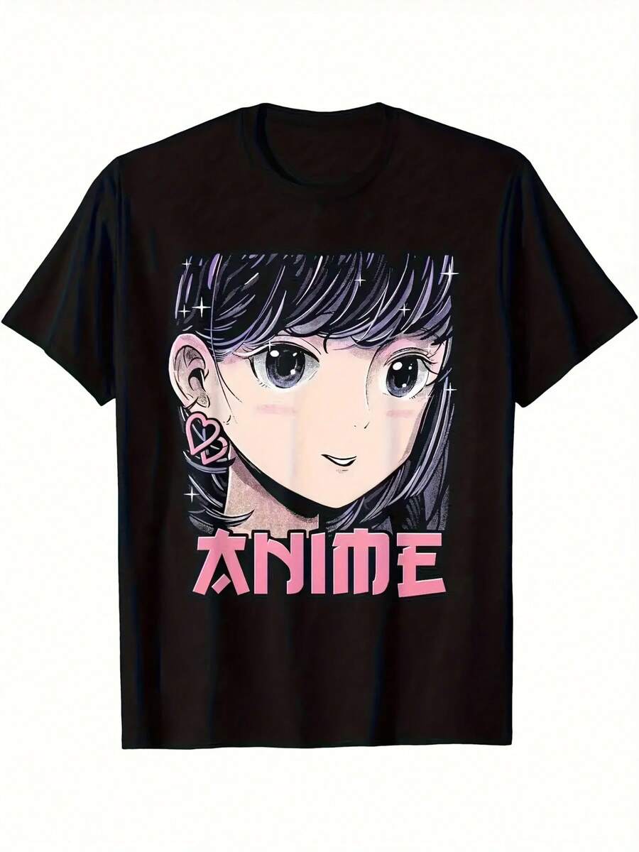 Unisex 100% Cotton T-Shirt, Men's & Women's Anime Face With Pink Lettering, Unisex, 100% Cotton T-Shirt, Soft, All-Season Casual Streetwear, Essential, All-Match, All-Season Style, Affordable, Daily Wear & Perfect Gift For Fans And Friends, Summer T-Shirt, Summer Clothes For Women, Men's Summer Outfit, Women's Shirt, Creative Design, Outdoor Play, Cool Style, Fun Design, Great For Outdoor Play - Black - View 1