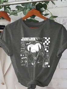 Camiseta Casual para Mujer con Estampado "JACK IN THE BOX" - Manga Corta, Cuello Redondo, Diseño de Dibujos Animados con Borde a Cuadros, Top de Verano y Primavera, Ropa Casual|Estampado Divertido|Short Sleeve Shirtofertas playera de hombretops sudaderas para mujer Y2k Camiseta Camisa De - Blanco - Ver 10