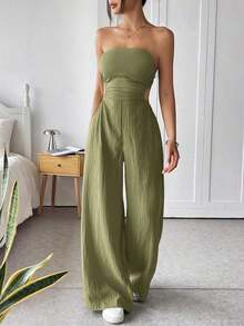 Mono de pierna ancha informal de mujer de talla grande, de algodón, con tirantes finos y espalda descubierta, para verano - Verde militar - Ver 5