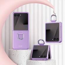 غطاء هاتف متوافق مع Galaxy ZFlip3 ZFlip4 ZFlip5 ZFlip6 ZFlip7 ZFlip7FE، غطاء هاتف بتصميم بسيط بلون موحد مطفي بملمس جلدي مع حامل حلقة شريطي - الأرجواني - مشاهدة 11