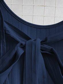 Vestido casual mini de mujer con tirantes de amarre, espalda descubierta, sin mangas, corte evasé y dobladillo con volantes - Azul 2 - Ver 3