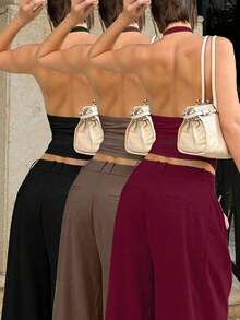 Set de 3 camisetas de tirantes finos acanaladas, versátiles y sexys para mujer, para primavera/verano - Negro, marrón, rojo vino - Ver 6