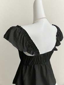 Top corto de camisola con escote bajo y espalda descubierta, con manga tipo gorra y volantes en azul, diseño sexy - Negro - Ver 4