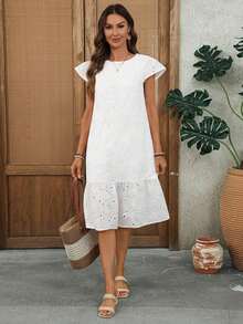 Vestido midi casual de fiesta con cuello redondo, bordado floral y drapeado - Blanco - Ver 3