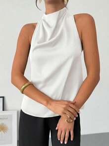 negra ajustada de estilo casual y elegante para la temporada de primavera/verano, con cuello asimétrico, sin mangas, escote halter, espalda descubierta y decoración de lazo - Blanco - Ver 6