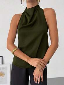 negra ajustada de estilo casual y elegante para la temporada de primavera/verano, con cuello asimétrico, sin mangas, escote halter, espalda descubierta y decoración de lazo - Verde militar - Ver 6