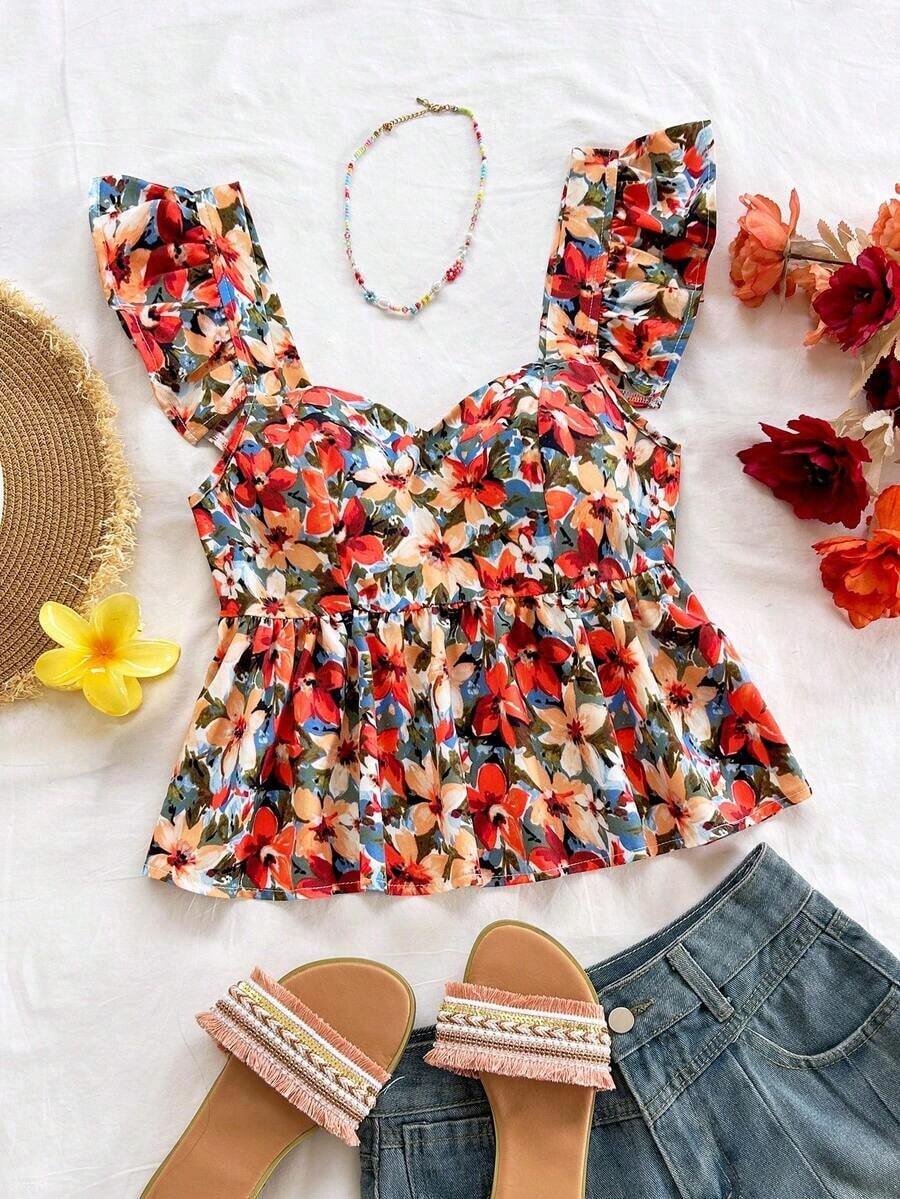 Blusa de corte de línea A con cuello cuadrado, manga corta y estampado retro azul y blanco, adecuada para fiestas, citas, el Día de San Valentín, el té de la tarde - Multicolor - Ver 1