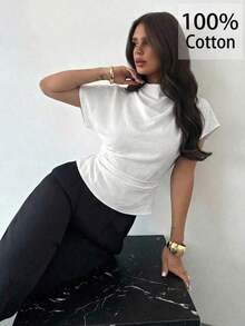 Blusa de bambú y lino con cuello arrugado, mangas asimétricas, plisado lateral y cintura ceñida, para uso diario, color albaricoque, para todas las estaciones - Blanco - Ver 9
