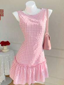 Vestido casual y elegante con textura de crepé, volantes en el bajo y sin mangas, a cuadros, ideal para el Día de San Valentín - Rosa Pálido - Ver 7