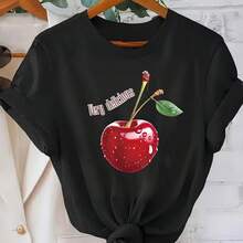 Camiseta casual de manga corta y cuello redondo, con estampado, muy adecuada para el verano y la primavera, diseñada para mujeres. - Negro - Ver 6