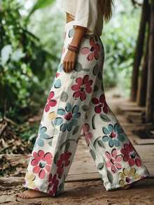 [Free Shipping]Women's Bohemian Style Watercolor Floral Print Wide Leg Pants, Vacation  Summer Pants Women,Tall Pants For Women Tall - 風格 - 查看 3