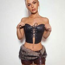 ICON Women Stylish Low-Rise PU Leather Patchwork Faux Fur Shorts,Low Rise Shorts - Marrón - Ver 4