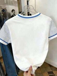 Blusa casual de cuello redondo con patrón de volantes y lazo asimétrico de color contrastante, adecuada para uso diario casual - Niebla azul - Ver 2