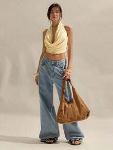 Blusa elegante y sexy de mujer con cuello drapeado y espalda descubierta de unicolor - Amarillo claro - Ver 3