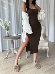 Vestido de espalda abierta de muslo con abertura - Marrón Chocolate - Ver 5