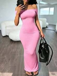 Vestido elegante de unicolor con hombros descubiertos y mangas cortas ajustado para mujer - Rosa - Ver 2