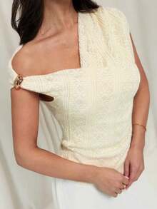 Camiseta ajustada con hombro asimétrico, cintura fruncida y decoración metálica, elegante y modesta para uso diario, color blanco, primavera/verano - Albaricoque - Ver 7