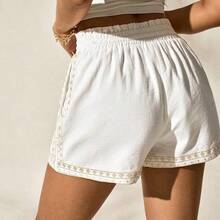 X Scot Louie White Woven Women's Casual Boho Color Block Embroidery Comfy Shorts Bead Strap Graduation - Caqui - Ver 3