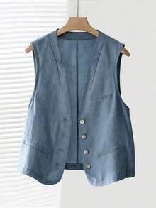 Chaleco corto de lino casual para mujer, color blanco, para primavera y verano - Niebla azul - Ver 3