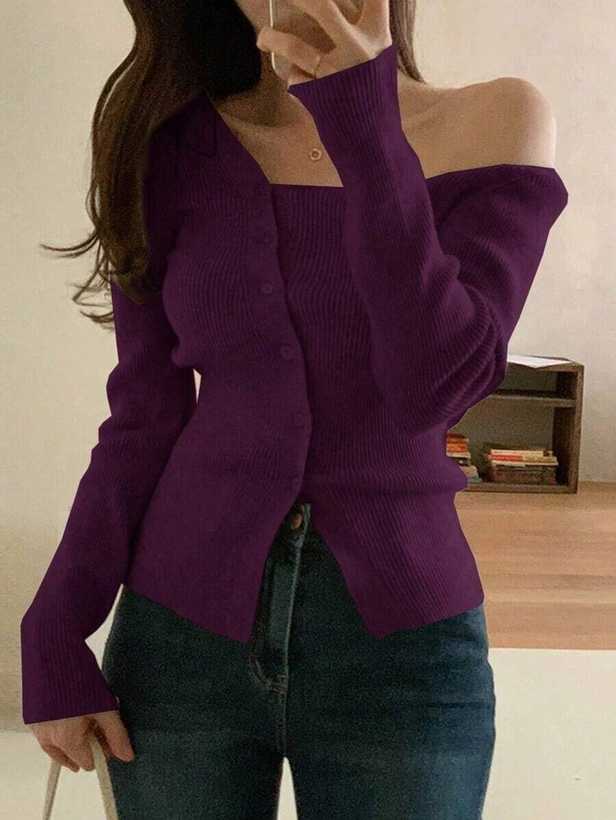 Blusa casual de mujer de punto acanalado con botones y manga corta - Morado Violeta - Ver 1