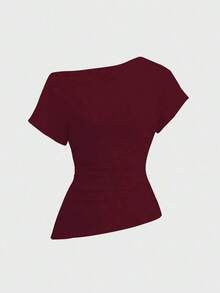 Camiseta de mujer de unicolor con pliegues, ajuste ceñido y hombro asimétrico de manga corta - Burdeos - Ver 7