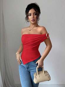 Blusa de verano para mujer con hombros decorados con botones y bajo asimétrico elegante - Rojo - Ver 4