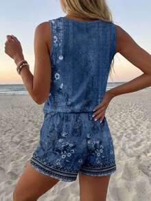 Conjunto de 2 piezas: top de tirantes con cuello redondo y estampado floral vintage casual, y camiseta de manga corta, apropiados para el verano - Azul - Ver 2