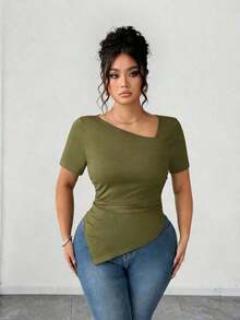 Camiseta de manga corta de cuello asimétrico para mujer talla grande, top ajustado versátil y elegante de alta gama, adecuado para primavera/verano - Verde militar - Ver 3