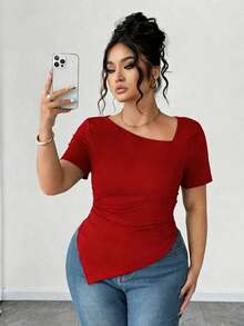 Camiseta de manga corta de cuello asimétrico para mujer talla grande, top ajustado versátil y elegante de alta gama, adecuado para primavera/verano - Rojo - Ver 8