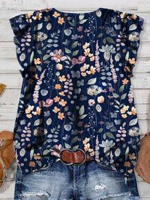 Camisa casual azul con estampado floral para mujer, adecuada para el verano - Azul marino - Ver 2