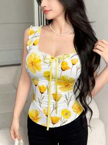 Top de tirantes con estampado de corazón y diseño de cintura ajustada, con lazo, moda de verano - Multicolor - Ver 3