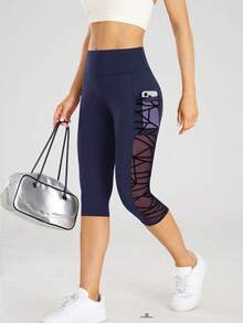 Pantalones cortos de Yoga de cintura alta, mallas con bolsillos, deportes, Fitness, pantalones de Yoga ajustados informales, mallas Capri de punto de malla cruzada lateral - zangqing - Ver 1