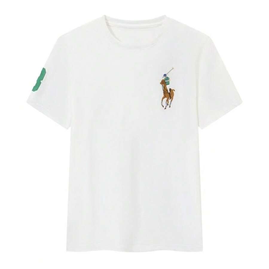 Camiseta de Verano 2026 para Hombre con Logo de Caballo, Cuello Redondo, Manga Corta, Corte Ajustado, de Algodón Estampado RL, Casual y Versátil, 100% Algodón - Negro - Ver 1