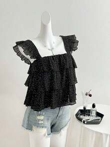 Blusa de mujer con patrón de cuadros arrugados, lunares negros, diseño suelto de mangas con volantes - Negro - Ver 4
