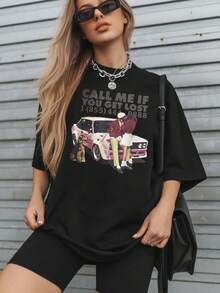 1 Piece 180g Women's Cotton Shirt, Oversized Short Sleeve Round Neck With Print For Daily And Street Wear, Designed By Y2K Artists In The Bababask Style - 黑色3 - 查看 6
