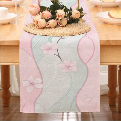 1pc Spring Fresh Pink & Blue Sakura Table Runner, Gentle Wavy Waterproof Fabric Decor, Polyester Printed, Large Size Table Runner, Home Decor Goods, Suitable For Family Gatherings/Indoor & Outdoor Decor/Entryway/Coffee Table/Living Room Ambiance/Kitchen Dining/Holiday Nature Gift
