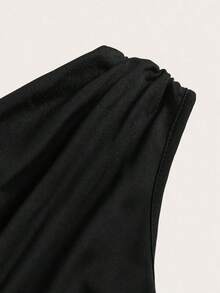 Blusa de verano casual y de vacaciones para mujer, minimalista, de unicolor, con pliegues, ajustada, con bajo asimétrico, top de un hombro, top de un hombro XXS para mujer, negro fruncido, body suit tops, tops, top de un hombro negro - Negro - Ver 4