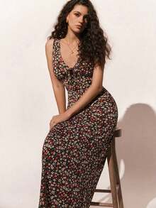 Vestido de verano con escote en V sin mangas con estampado floral diminuto para vacaciones en la playa - Multicolor - Ver 1