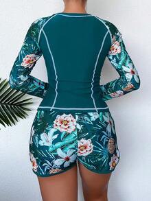 Swim Lushore Camiseta de baño de manga larga con estampado tropical y cuello de barco para playa de verano - Verde - Ver 4