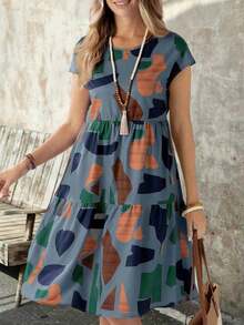 Vestido de mujer de manga corta con cuello redondo y estampado geométrico de verano - Multicolor - Ver 5
